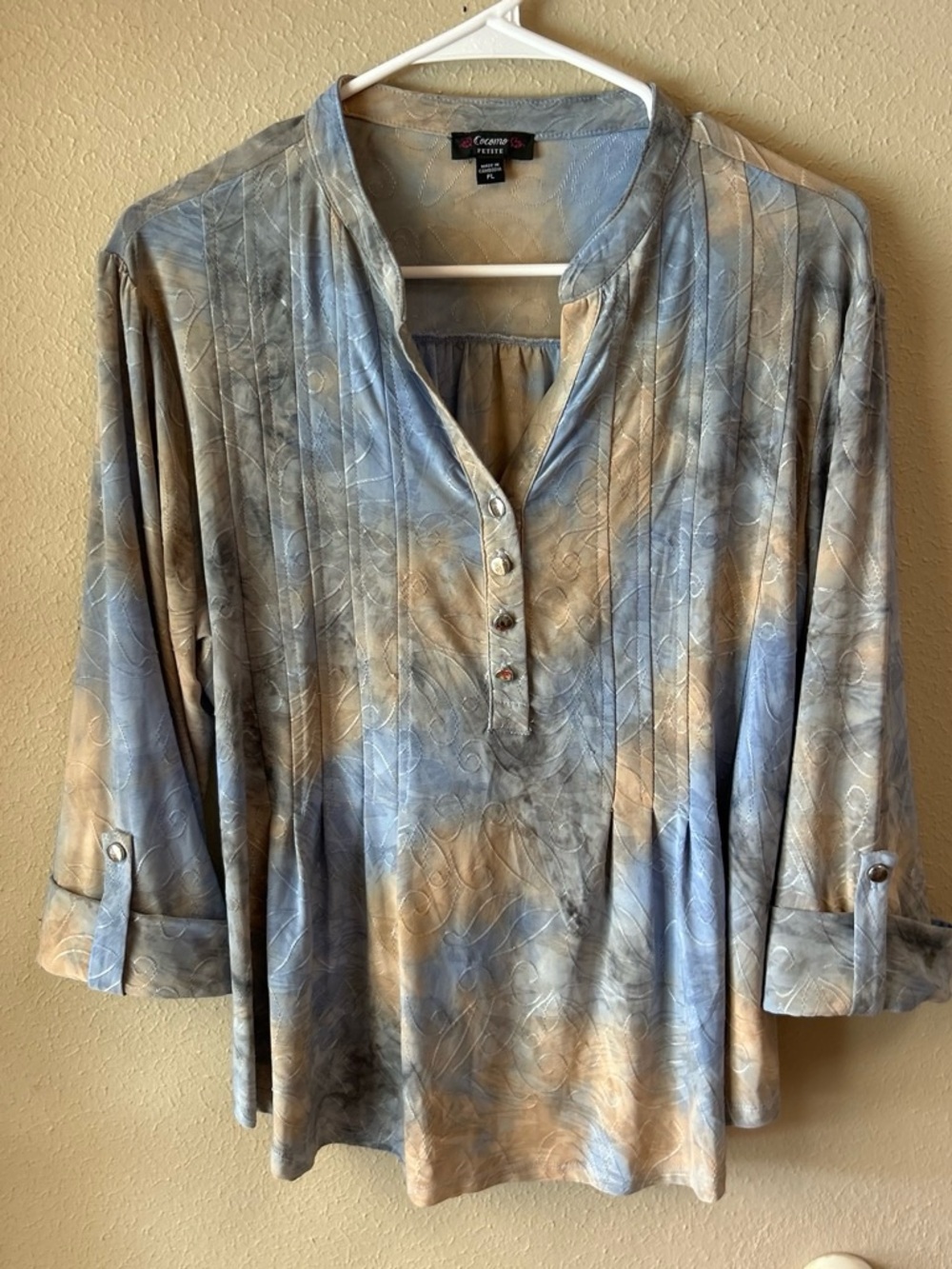 Cocomo Blue & Tan Pintuck Henley Tunic Blouse Size PL